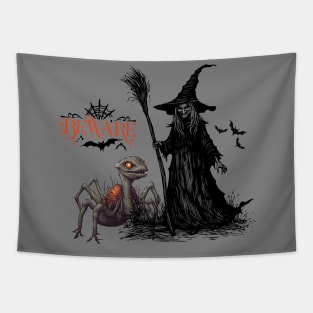 Scary witch with spider dinasour Tapestry