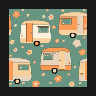 Repeat pattern of cute vintage caravans in retro colours on teal T-Shirt