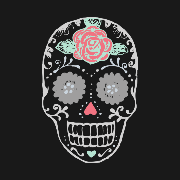 Sugar Skull With Red Rose on Forehead by InkyArt