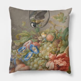 Still Life with Flowers, Fruits, a Bird and a Mouse by Herman Henstenburgh Pillow