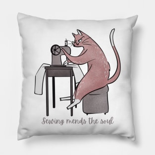 LADY CAT SEWING MENDS THE SOUL Pillow