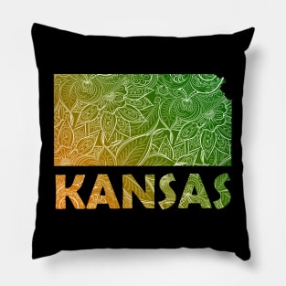 Colorful mandala art map of Kansas with text in green and orange Pillow