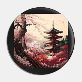 Ukiyo-e Japanese Art - Omuro Pagoda and Cherry Blossoms Pin