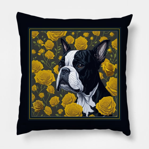 Boston Terrier yellow roses 2 Pillow by xlhombat