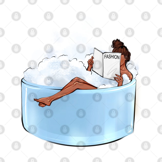 Female lying in foam bubbles holding journal. by ArctiumStudio