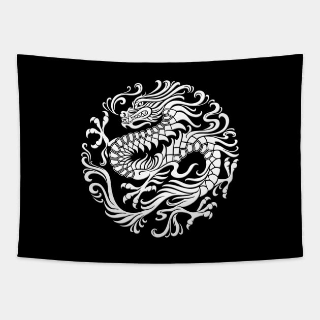 Traditional White Chinese Dragon Circle Tapestry by jeffbartels