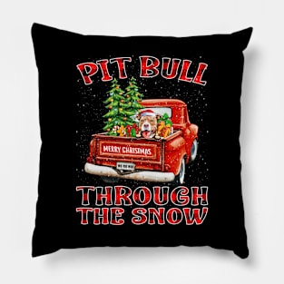 Christmas Pit Bull Through The Snow Dog Santa Truck Tree Pillow