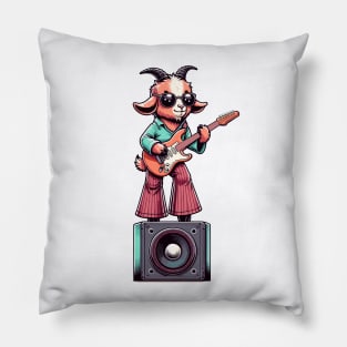 Groovy 70s Guitar-Playing Goat - Colorful Cartoon Vector Art Pillow