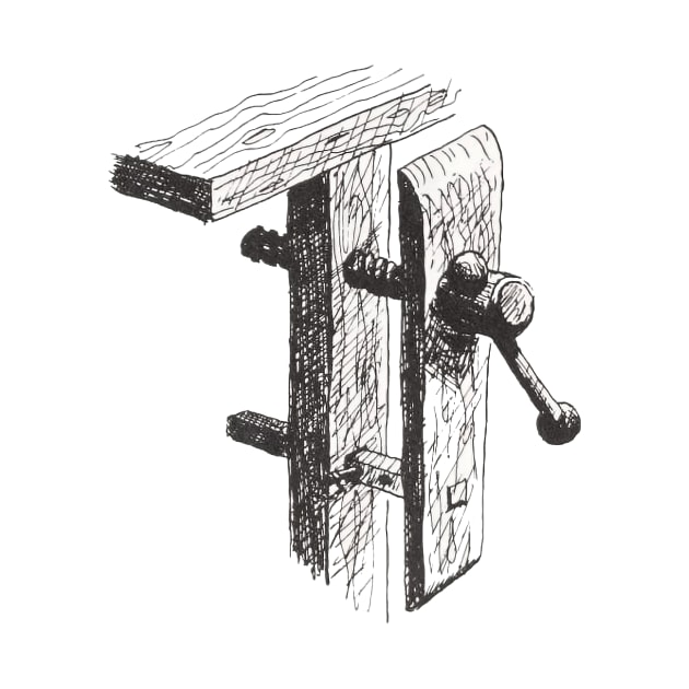 Vertical wood vise (leg vise) - vintage book illustration from "Old Ways of working wood - The techniques and tools of a time-honored craft" by Alex W. Bealer 1980 by One Eyed Cat Design