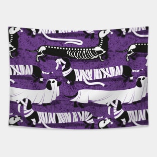 Spooktacular long dachshunds // pattern // studio purple background mummy ghost and skeleton dogs Tapestry