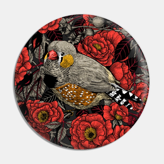 Zebra finch and red rose bush Pin by katerinamk