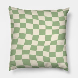 Green and Cream Distorted Warped Checkerboard Pattern I Pillow