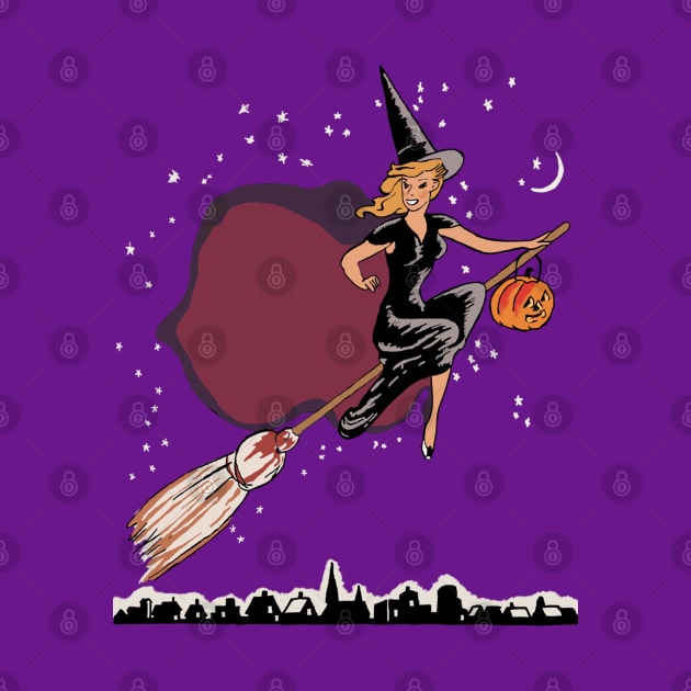 Witches Fly In The Sky On Halloween Night Witch on Broom with Jackolantern by Souvenir T-Shirts