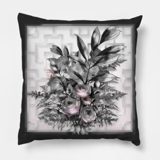 Ink roses with a square chinese lattice Pillow