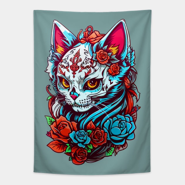 Sugar Skull Cat Tapestry by CatCoconut-Art