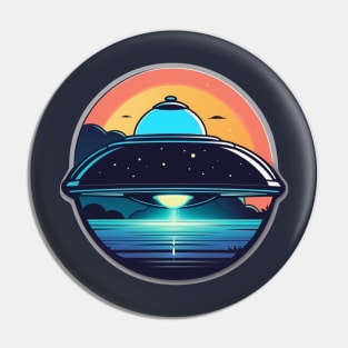 UFO Flying Saucer over sea with neon light Pin