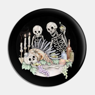 Skeletons enjoying a Halloween feast Pin