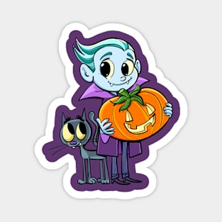 little dracula holds a pumpkin for halloween and the cat flies around his legs Magnet