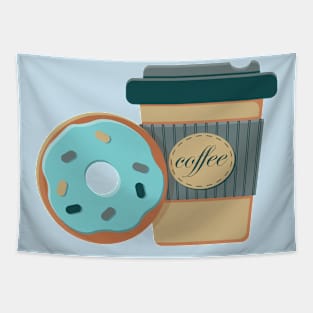 Paper cup of hot coffee to go and frosted mint donut Tapestry