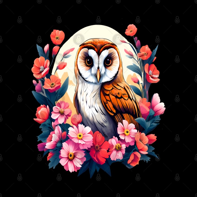 Cute European Barn Owl Surrounded by Bold Vibrant Spring Flowers by BirdsnStuff