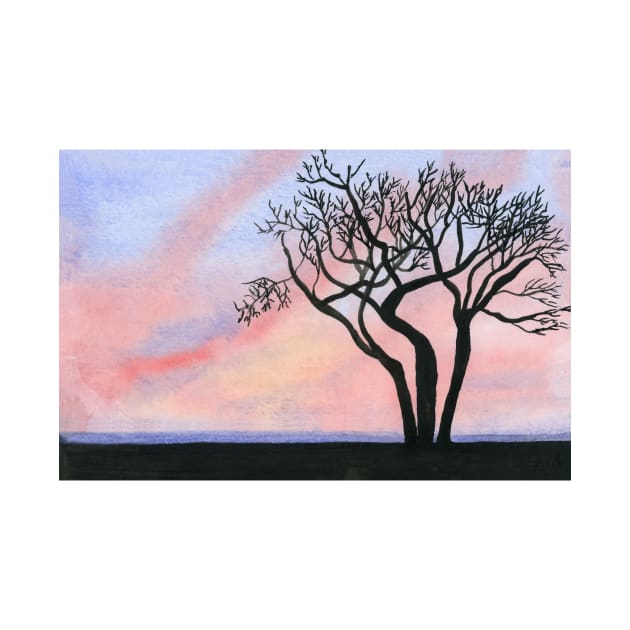 Sunset and Trees Original Watercolor Painting by EugeniaAlvarez