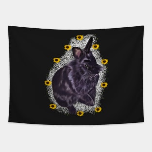 Cute fluffy bunny rabbit with sunflowers of summer - ebony colored coloured lionhead bunny rabbit with pink background Tapestry