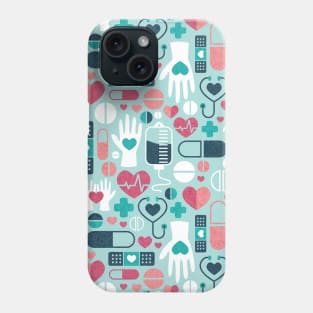 Keep safe be healthy // aqua background navy blue mint red white and coral medicine elements Phone Case