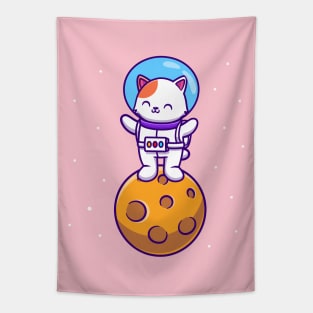 Cute Astronaut Cat Standing On Moon Tapestry