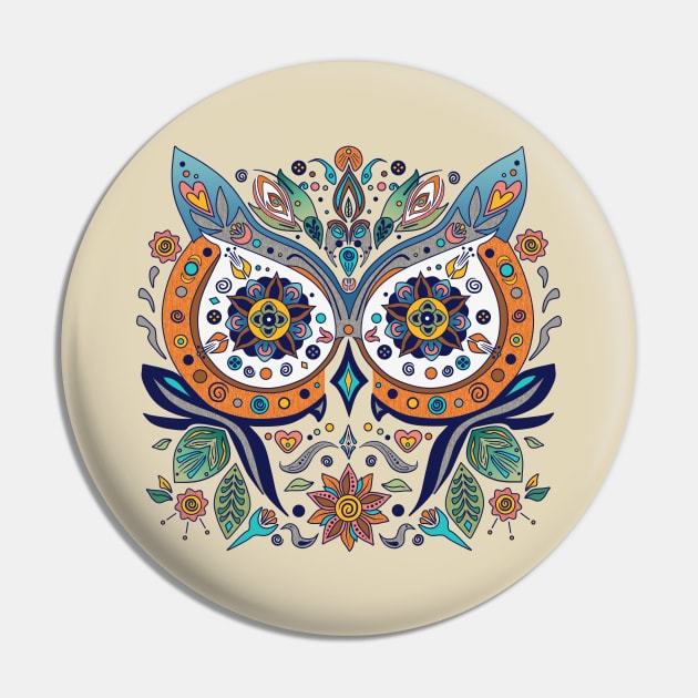 Mexican Style Graphic Owl Face Flowers Leaves Pin by NaturalDesign