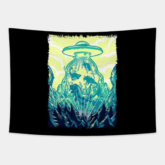 Funny Green Dinosaur UFO Gifts Retro Vintage Alien Abduction Tapestry by Proficient Tees