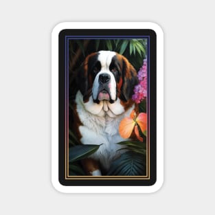 Saint Bernard Dog Vibrant Tropical Flower Tall Digital Oil Painting Portrait Magnet