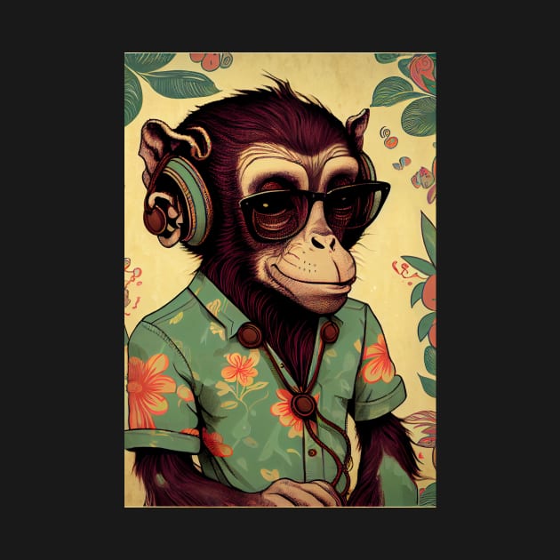 Chimp wearing headphones, glasses, and hawaiian shirt by dholzric