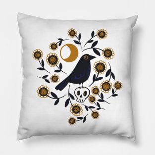 Crow on Skull under the Moon Surrounded by Flowers Pillow