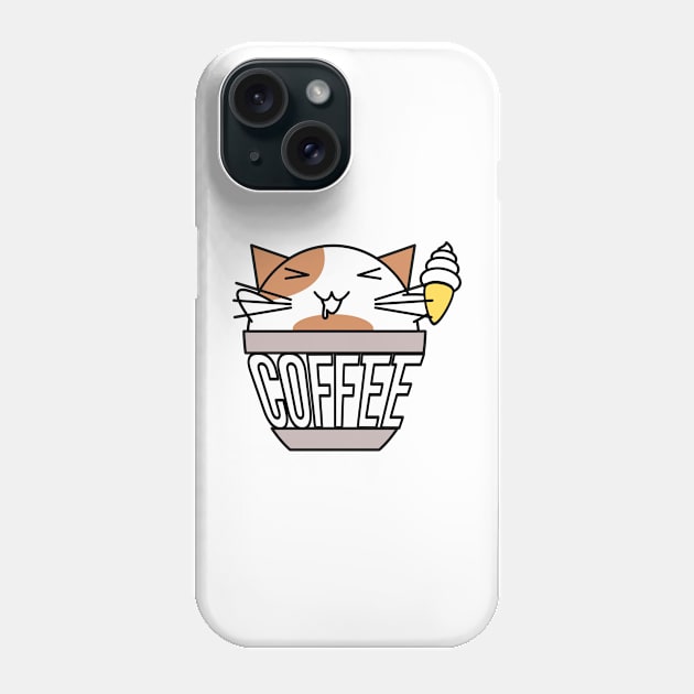 Cat in coffee cup with warped text holding ice cream white and orange Phone Case by coffeewithkitty