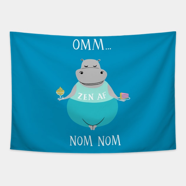 Omm Nom Nom - funny yoga hippo Tapestry by BexMorleyArt