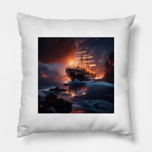 Vintage Ship Vulcano Magma Ocean Pillow