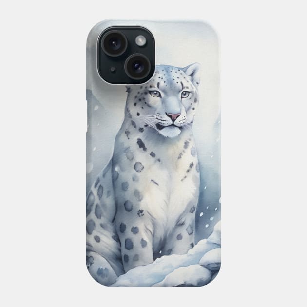 A Proud Snow Leopard Went Hunting, in the Snowy forest, Hight Mountains, Snow Falling, Winter Landscape, Wildlife White Panthera, Watercolor Realistic Illustration, Art, Portrait, Poster, Shirt, Christmas Holiday, Birthday gifts, Hunting lover Phone Case by sofiartmedia