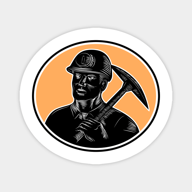 Coal Miner Carry Pick Axe Woodcut Magnet by retrovectors