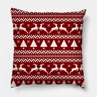 Large Dark Christmas Candy Apple Red Nordic Reindeer Stripe in White Pillow