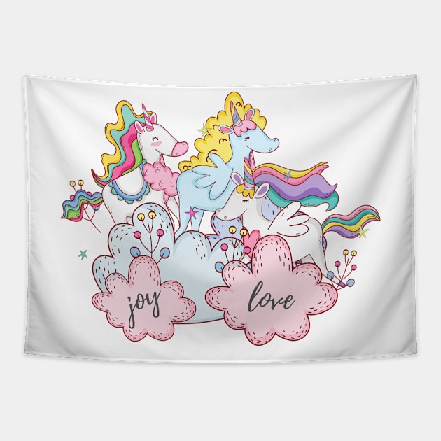 Three Little Unicorns Hanging Out Tapestry by Vegan Squad