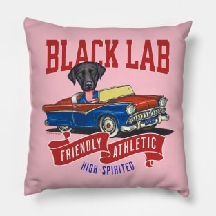 Humor cute funny black lab labrador retriever dog driving a vintage classic retro car to a parade with red white and blue flags Pillow