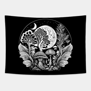 Cottagecore Moon, Mushrooms, Plants and Trees Tapestry