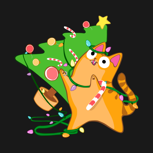 Zoomies Christmas Cat Orange Tabby Knocking Over Tree Funny by BluVelvet