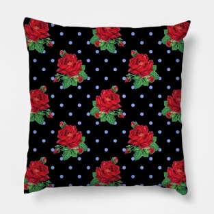 Red vintage roses and blue polka dots on black Pillow