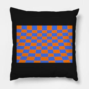 Warped perspective coloured checker board effect grid orange and blue Pillow
