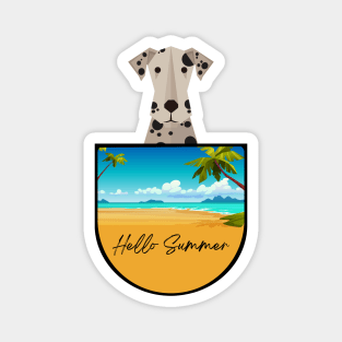 Dalmatian Dog in Beach Pocket with Hello Summer Sign Magnet