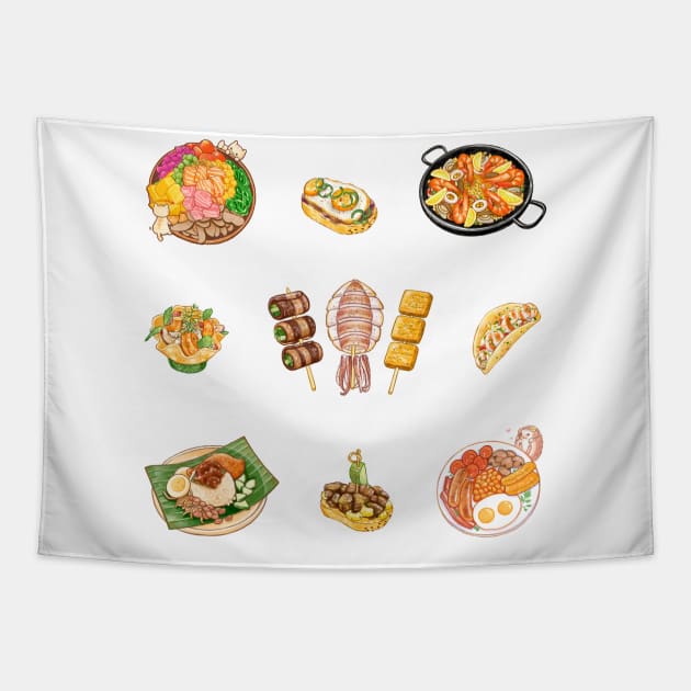 Food Lover 各國美食插畫 - Nasi Lemak, Paella, Poke Bowl, Skewers, English Breakfast, Tapas, Tacos Tapestry by Rose Chiu Food Illustration