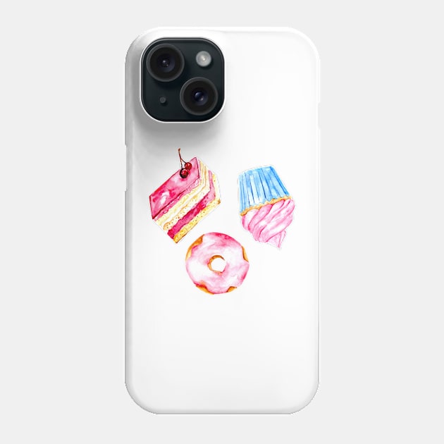 Watercolor Cake Slice Cupcake Donut Doughnut Illustration Cute Phone Case by kristinedesigns