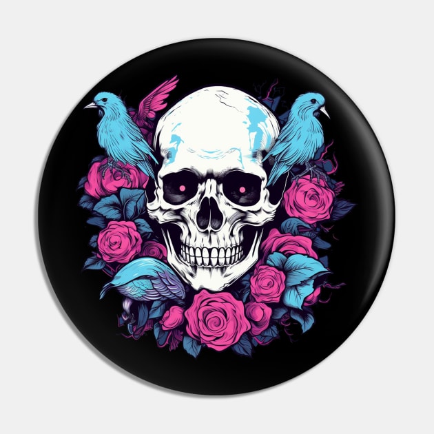 Floral Flowers Skull and Birds Pin by TOKEBI