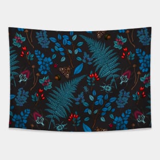 Forest berries, leaves and bugs in blue, red and graphite black Tapestry